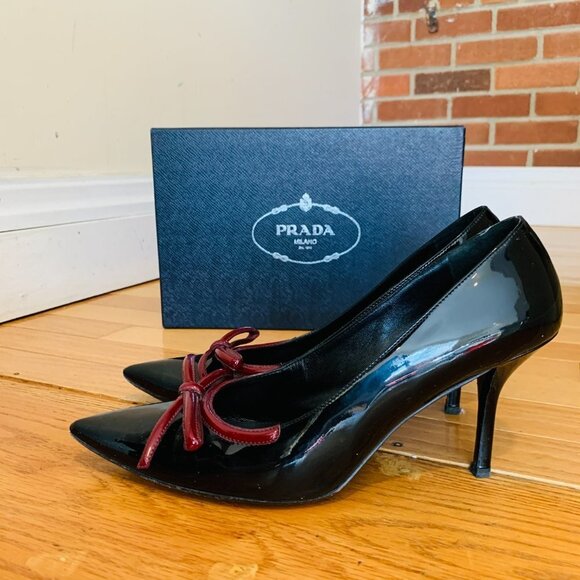 PRADA Black Patent Leather Heels With Maroon Bow, Size 41 US 11 - Picture 1 of 16